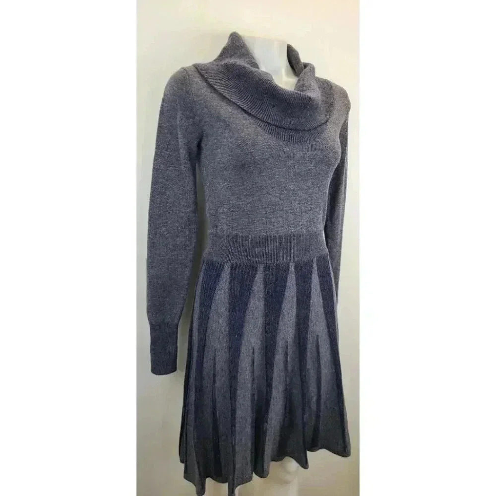 BCBGMaxAzria Steel Blue Gray Navy Fit Flare Art Deco Cowl Neck Sweater Dress XS - Picture 7 of 14